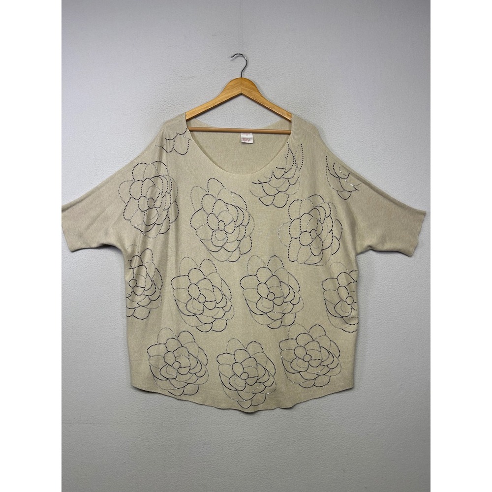 Boho Chic Luna Womens 3X Beige Floral Rhinestone Dolman Short Sleeve Sweater Top